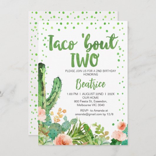 Perzik Groene Taco Over Twee 2e Verjaardag Uitnodi Kaart (Voorkant / Achterkant)