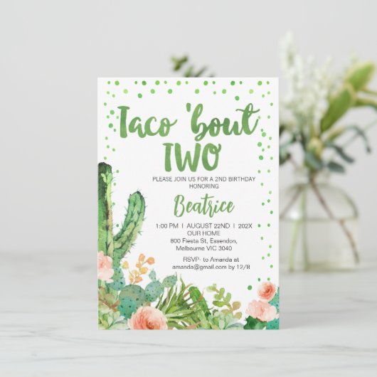 Perzik Groene Taco Over Twee 2e Verjaardag Uitnodi Kaart (Staand voorkant)