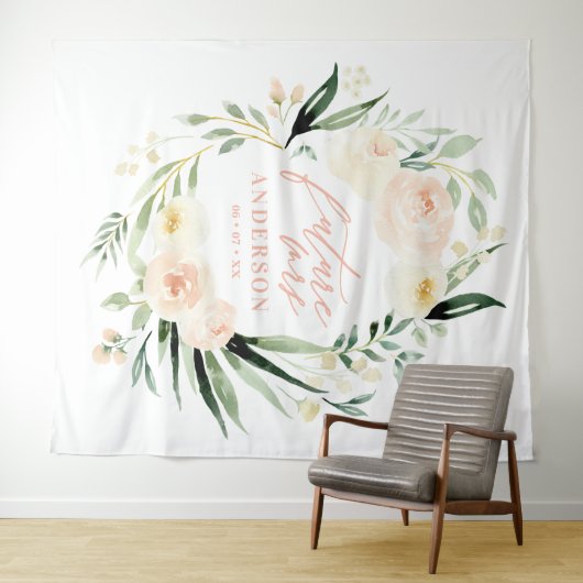 Perzik + groene waterverf bloemige bruidsdouche wandkleed (In Situ (horizontaal))