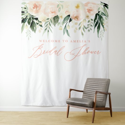 Perzik + groene waterverf bloemige bruidsdouche wandkleed (In situ)