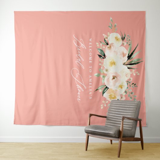 Perzik + groene waterverf bloemige bruidsdouche wandkleed (In Situ (horizontaal))