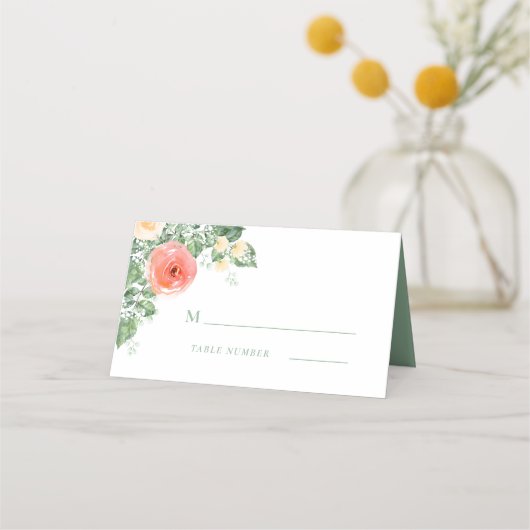 Perzik Groene Waterverf Bloemmonogram Romantisch Plaatskaartje (Voorkant)