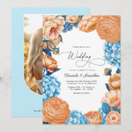 Perzik & Hemelblauwe Aquarel Bloemen Bruiloft QR C Kaart