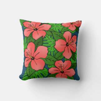 Perzik Hibiscus & Monstera Kussen