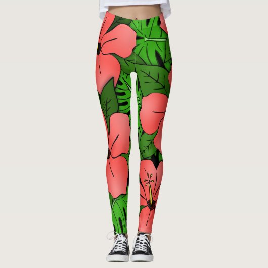 Perzik Hibiscus & Monstera Leggings (Voorkant)