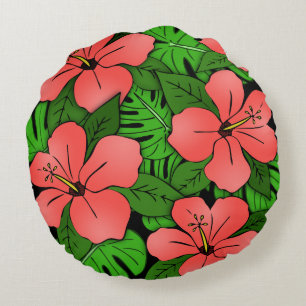 Perzik Hibiscus & Monstera Rond Kussen