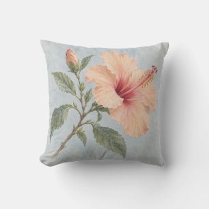 Perzik Hibiscus Nevel Blauwe Botanische Waterverf Kussen