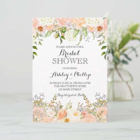 perzik hortensia bruids douche uitnodiging (Staand voorkant)