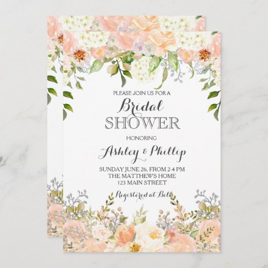 perzik hortensia bruids douche uitnodiging (Voorkant / Achterkant)