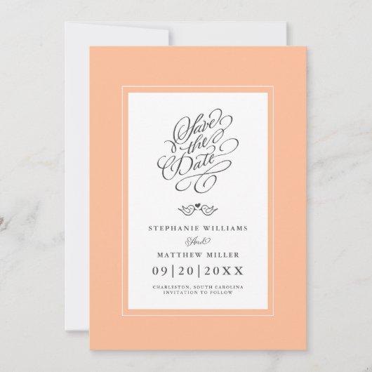 Perzik Huwelijkscalligrafie Moderne Printbare Digi Save The Date (Voorkant)