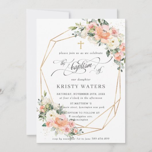 Perzik Ivoor Roze Bloemen Greenery Doop Geometrisc Kaart (Voorkant)