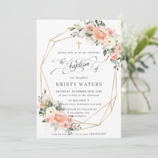 Perzik Ivoor Roze Bloemen Greenery Doop Geometrisc Kaart (Staand voorkant)