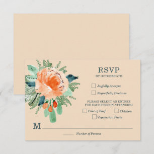 Perzik Jade Turquoise Bloem Bruiloft RSVP Kaarten Kaartje