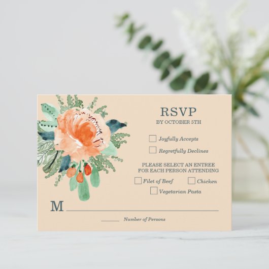 Perzik Jade Turquoise Bloemen Bruiloft RSVP Kaarte Kaartje (Staand voorkant)