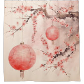 Perzik Japanse Lantaarns Sakura Bloesems Douchegordijn (Voorkant)