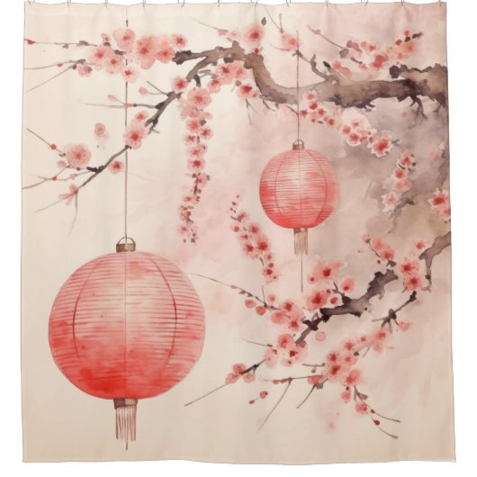 Perzik Japanse Lantaarns Sakura Bloesems Douchegordijn (Voorkant)