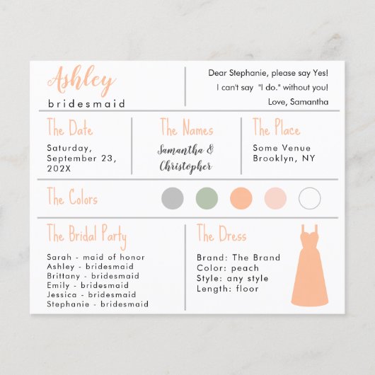 Perzik Jurk Kleur Bruidsmeisje Informatie Kaart (Voorkant)