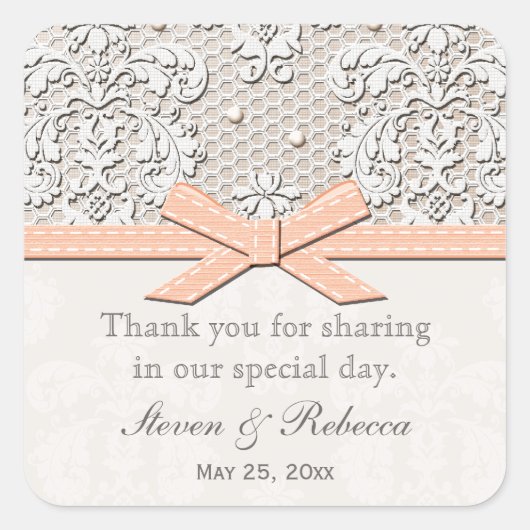 Perzik Kant Bruiloft Favor Labels Stickers (Voorkant)