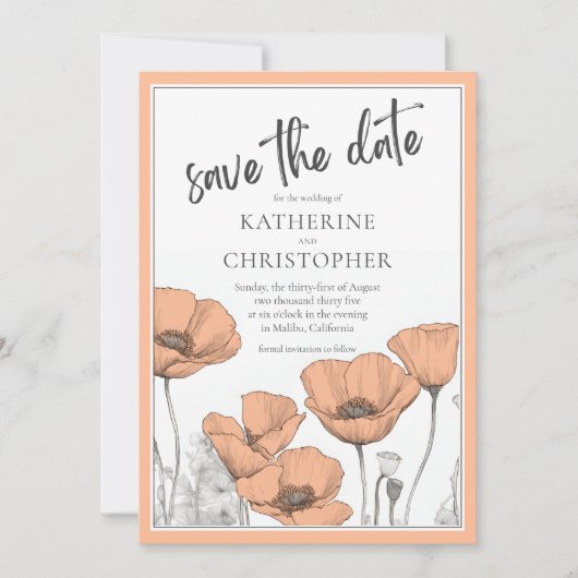 Perzik Klaprozen Moderne Elegante Bloemige Bruilof Save The Date (Voorkant)