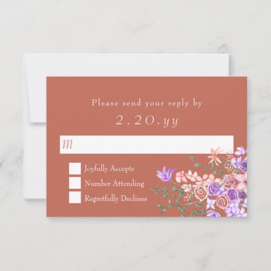 Perzik, Klei, Lila Rose Bouquet bruiloft RSVP Kaar (Voorkant)