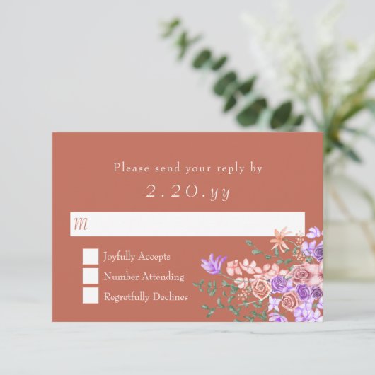 Perzik, Klei, Lila Rose Bouquet bruiloft RSVP Kaar (Staand voorkant)