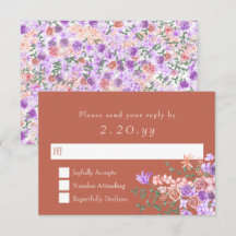 Perzik, Klei, Lila Rose Bouquet bruiloft RSVP Kaar