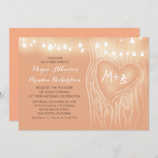 Perzik kleur string lichten boom romantische bruil kaart (Voorkant / Achterkant)