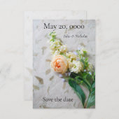 Perzik-kleurig rozenboeket save the date (Voorkant / Achterkant)