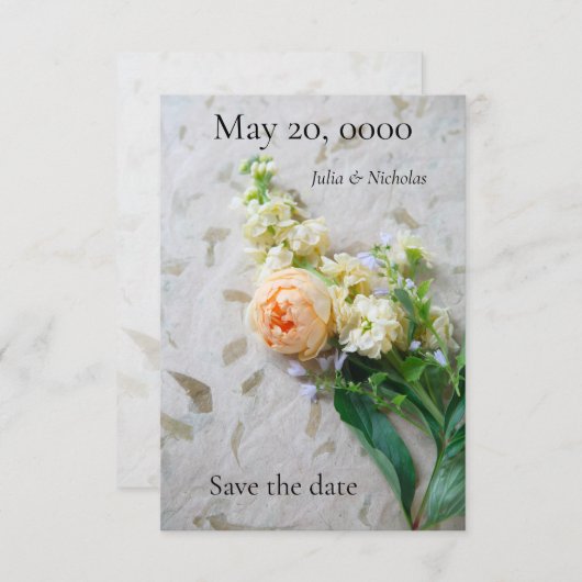 Perzik-kleurig rozenboeket save the date (Voorkant / Achterkant)