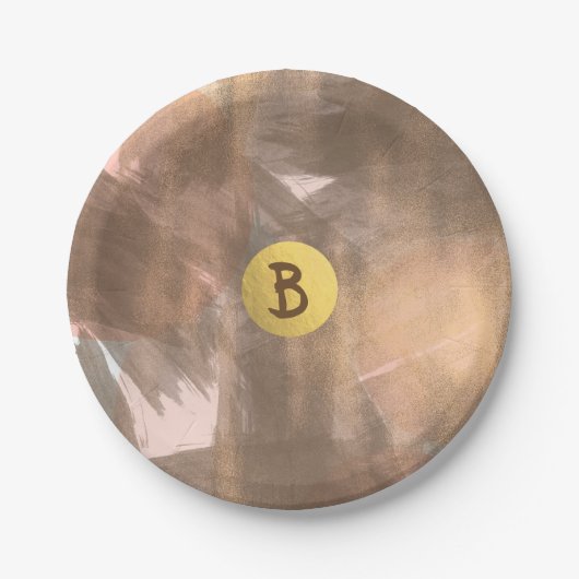 Perzik & Koper Bronzen Chic Modern Monogram Goud Papieren Bordje (Voorkant)