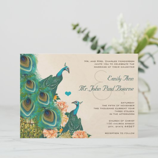 Perzik Koraal Abrikoos Pioen Vogelkooi Peacock Bru Kaart (Staand voorkant)