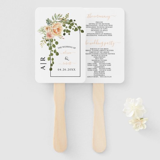Perzik koraal bloemen boog, initiële trouwprogramm handwaaier (Voorkant en achterkant)