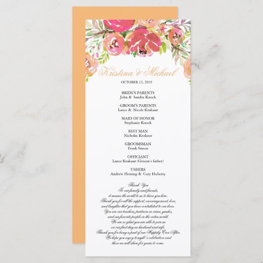 Perzik & Koraal Bloemen Huwelijk Programma Programmakaart (Voorkant / Achterkant)