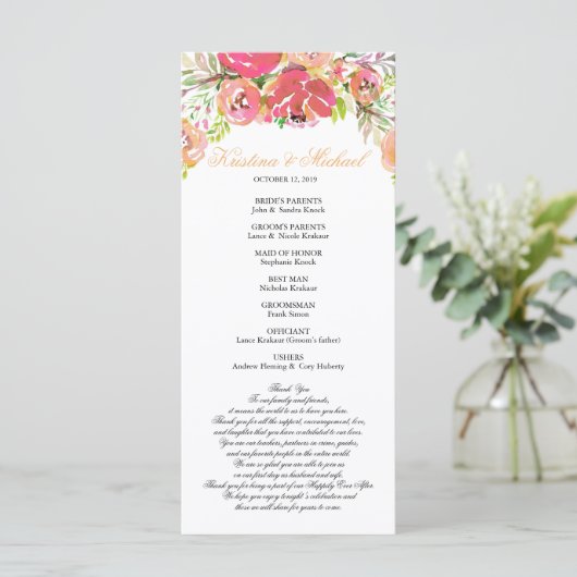 Perzik & Koraal Bloemen Huwelijk Programma Programmakaart (Staand voorkant)