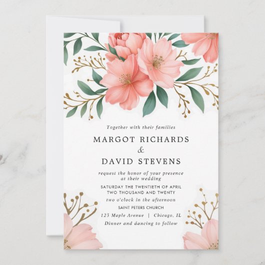 Perzik Koraal Bloemen Lente Botanische Huwelijk Kaart (Voorkant)