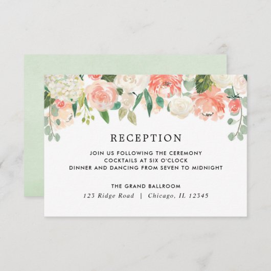 Perzik koraal groen zomer bloemenontvangst informatiekaartje (Voorkant / Achterkant)