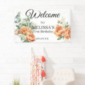 Perzik Koraal Groene Welkom Eerste Verjaardag Bord Spandoek (Insitu)