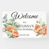 Perzik Koraal Groene Welkom Eerste Verjaardag Bord Spandoek (Horizontaal)
