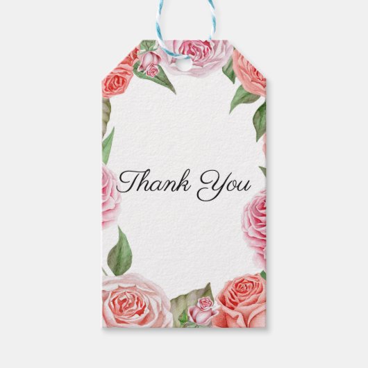 Perzik Koraal Roze Rozen Groene Bladeren Bruiloft Cadeaulabel (Voorkant)