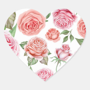 Perzik Koraal Roze Rozen Groene Bladeren Feest Fav Hart Sticker