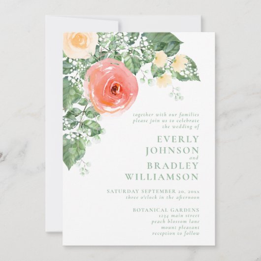 Perzik Koraal Waterverf Bloemen Rozen bruiloft Kaart (Voorkant)