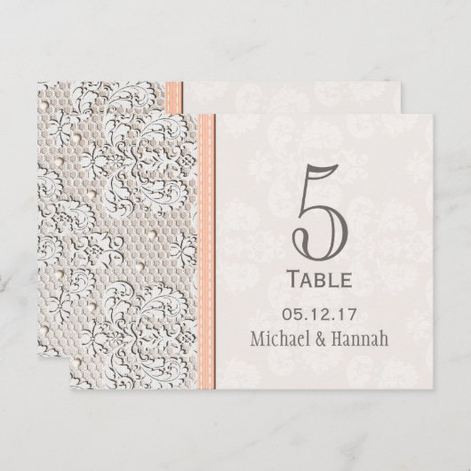 Perzik  Lace Trouwtafel Nummer Kaart (Voorkant / Achterkant)