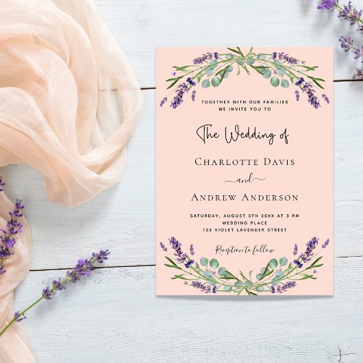 Perzik lavendel violette bloemen luxe bruiloft kaart