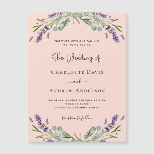 Perzik lavendel violette bloemen luxe bruiloft magnetische uitnodiging (Voorkant)