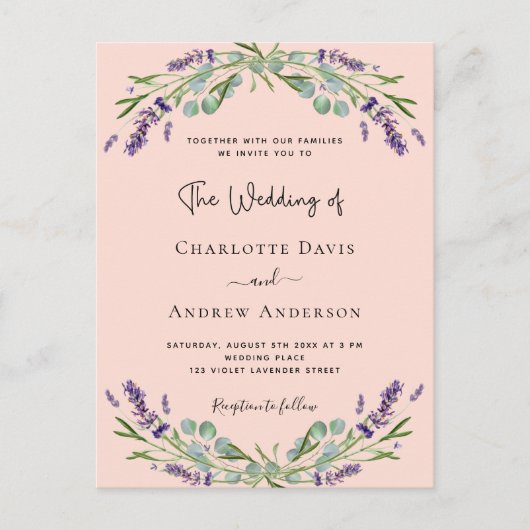 Perzik lavendel violette bloemen QR code RSVP brui Uitnodiging Briefkaart (Voorkant)