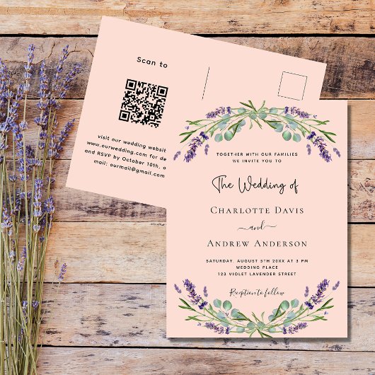 Perzik lavendel violette bloemen QR code RSVP brui Uitnodiging Briefkaart