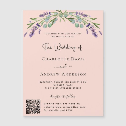 Perzik lavendel violette QR RSVP luxe bruiloft Magnetische Uitnodiging (Voorkant)