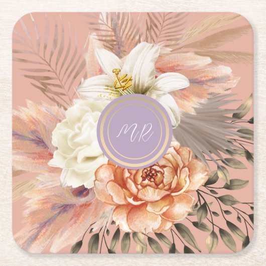 Perzik Lila Bloemen Wedding Kartonnen Onderzetters (Voorkant)