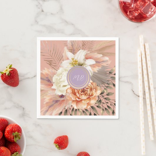 Perzik Lila Bloemen Wedding Servet (Insitu)