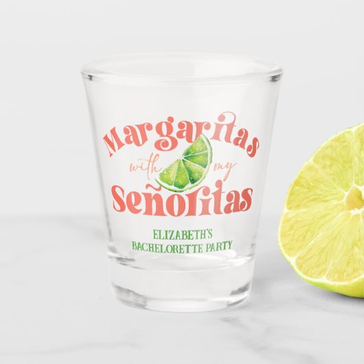 Perzik Margarita's met mijn Señoritas vrijgezellen Shot Glas (Voorkant)